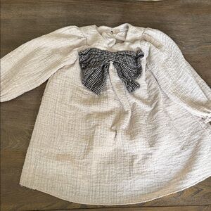 Zara Cream Textured Dress Top with Black Gingham Bow.  3T